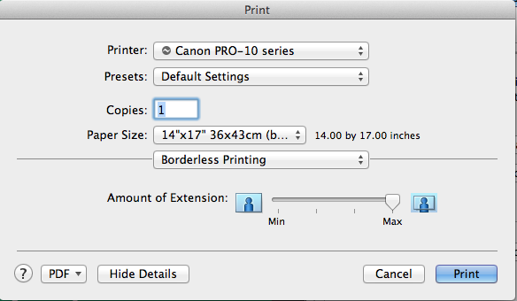 Mac Pro-10 Borderless Printing Menu