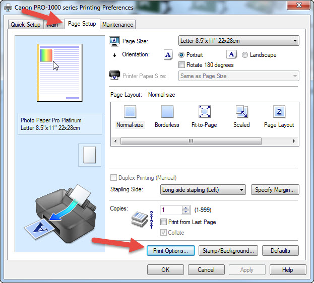 Page Setup print top