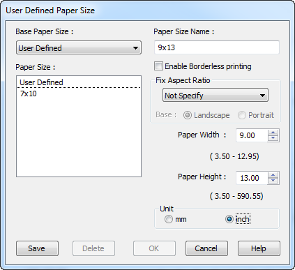 User Defined Paper Size