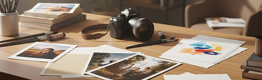 Creative workspace with camera, watercolor brushes, and finished prints on cotton paper with different textures.