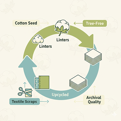 Infographic showing cotton seeds and textile scraps being upcycled into tree-free cotton paper.